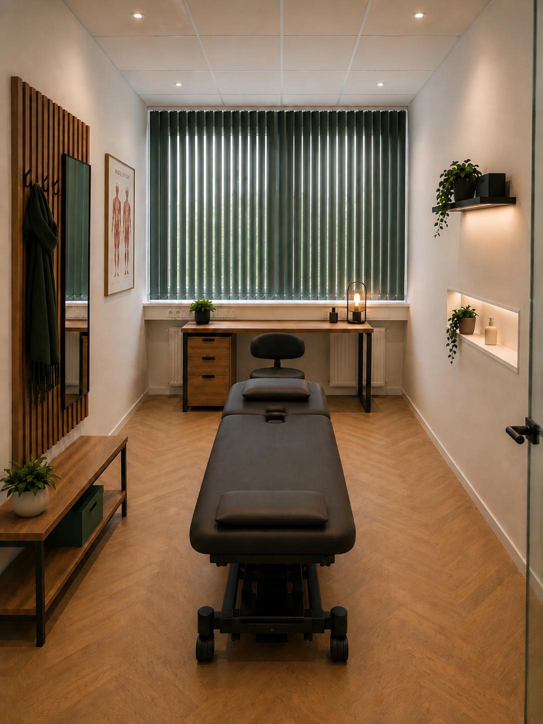Heller Behandlungsraum der Physiotherapie-Praxis mit Liege und Holzboden